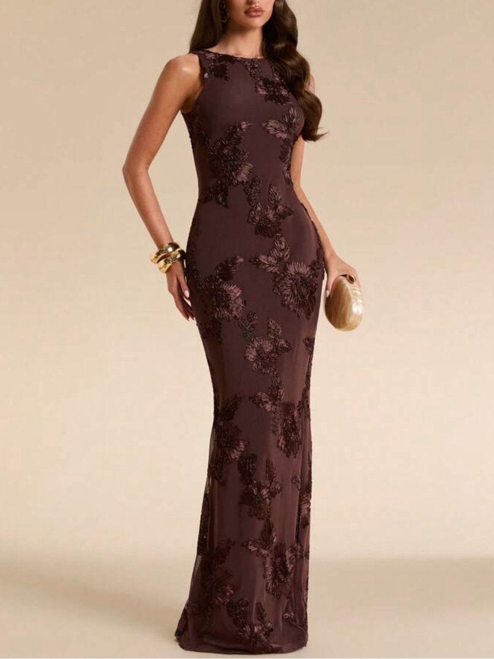Elegant Brown Sleeveless Evening Gown